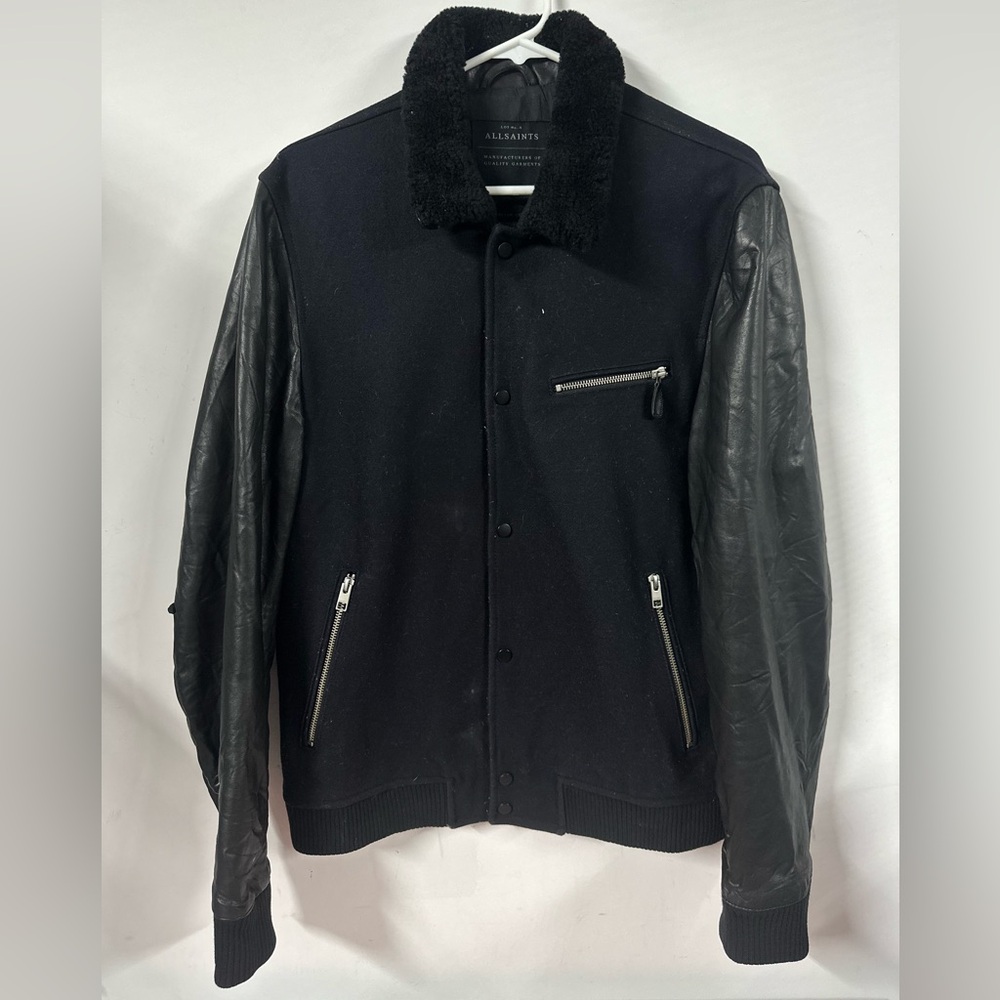 All Saints Bomber Jacket BIWA Wool Leather Black Navy Varsity Flight Men's Large